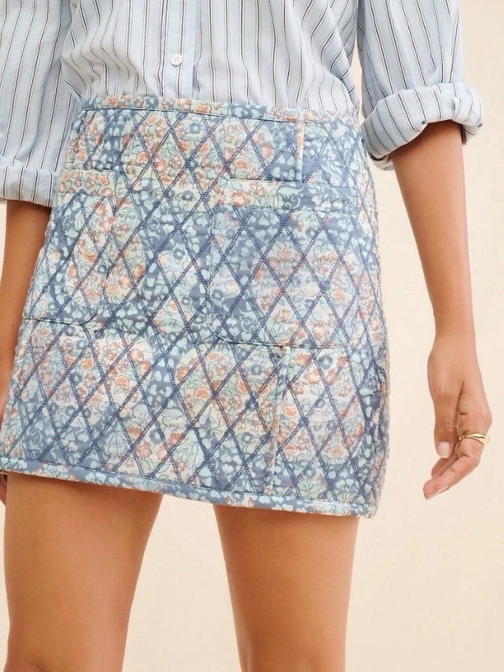 Free People Quilted Floral Mini Skirt in Light Blue and Peach